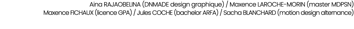 Aina RAJAOBELINA (DNMADE design graphique) / Maxence LAROCHE MORIN (master MDPSN) Maxence FICHAUX (licence GPA) / Jul...