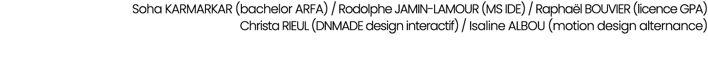Soha KARMARKAR (bachelor ARFA) / Rodolphe JAMIN LAMOUR (MS IDE) / Rapha l BOUVIER (licence GPA) Christa RIEUL (DNMADE...
